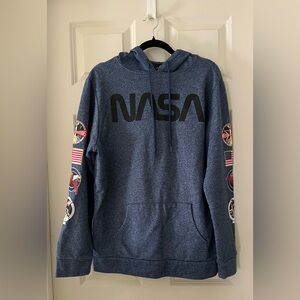 Men’s Aldrin Family Foundation Nasa Hoodie Blue Kangaroo Pocket Sweatshirt L